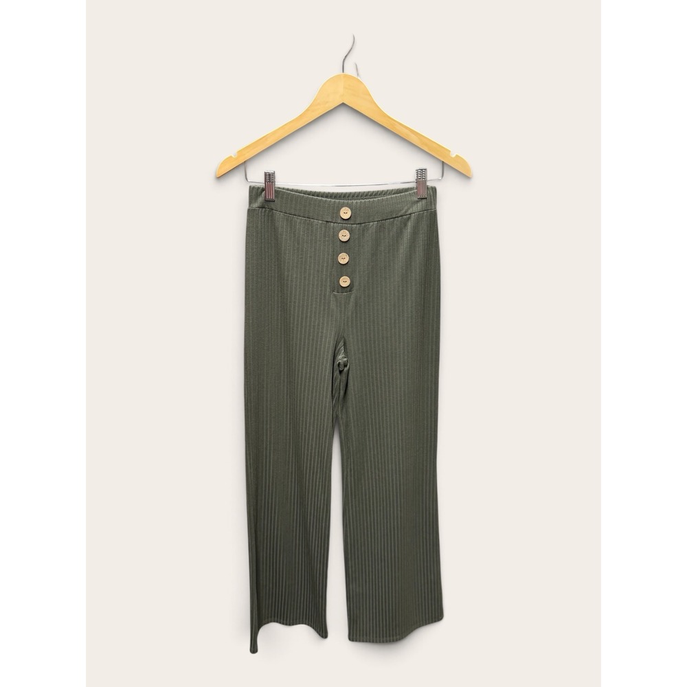 Papaya Womens Ribbed Knit Wide Leg Pants Olive Green Button Front Size S BP05112